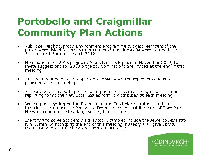 Portobello and Craigmillar Community Plan Actions • • Nominations for 2013 projects: A bus