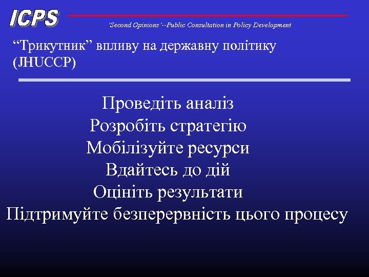 ‘Second Opinions’--Public Consultation in Policy Development “Трикутник” впливу на державну політику (JHUCCP) Проведіть аналіз