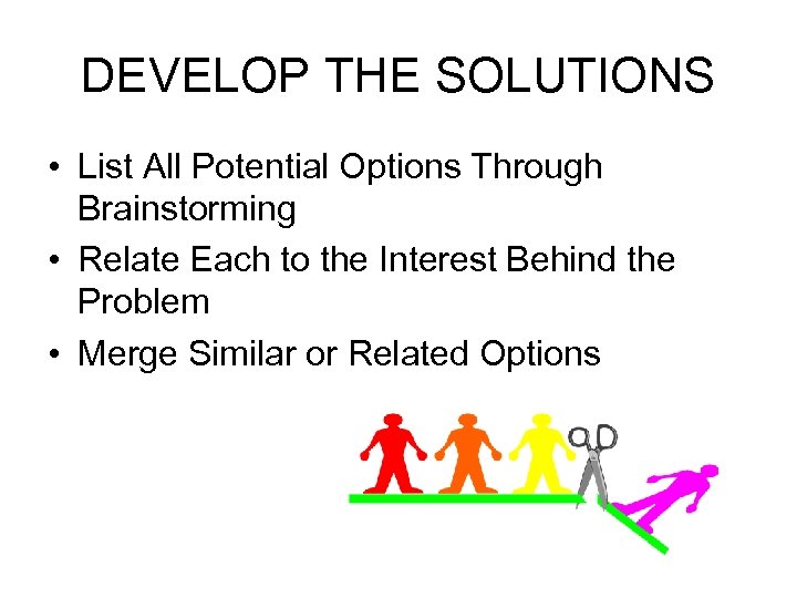 DEVELOP THE SOLUTIONS • List All Potential Options Through Brainstorming • Relate Each to