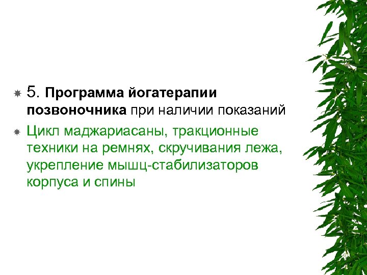  5. Программа йогатерапии позвоночника при наличии показаний Цикл маджариасаны, тракционные техники на ремнях,