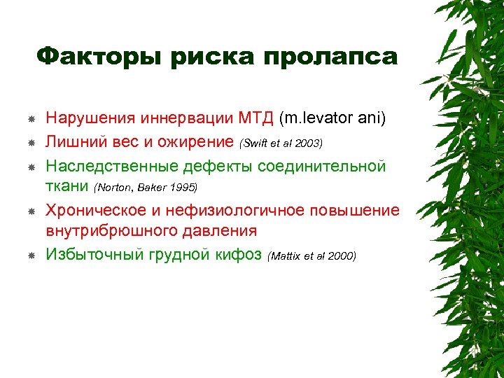 Факторы риска пролапса Нарушения иннервации МТД (m. levator ani) Лишний вес и ожирение (Swift