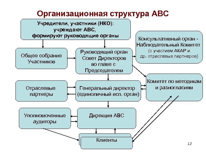 Организационная структура ABC Учредители, участники (НКО): учреждают АВС, формируют руководящие органы Общее собрание Участников