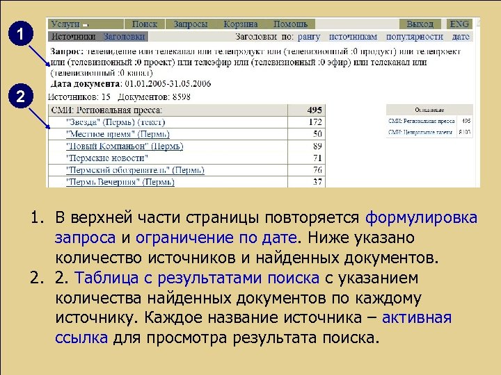 1 2 1. В верхней части страницы повторяется формулировка запроса и ограничение по дате.