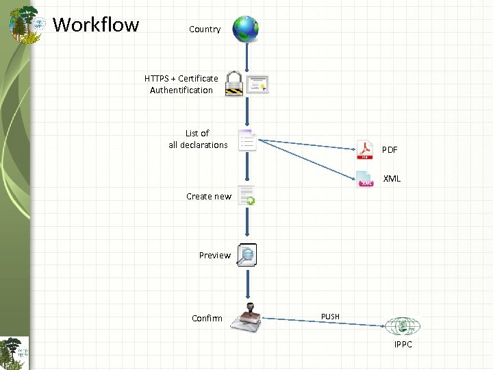 Workflow Country HTTPS + Certificate Authentification List of all declarations PDF XML Create new