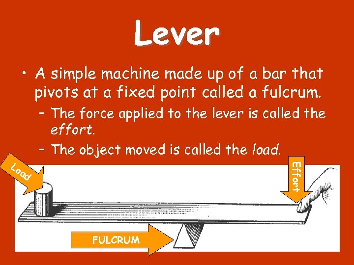 Lever • A simple machine made up of a bar that pivots at a