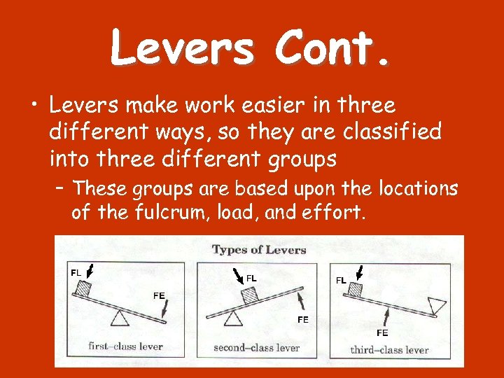 Levers Cont. • Levers make work easier in three different ways, so they are