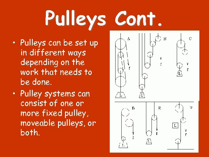 Pulleys Cont. • Pulleys can be set up in different ways depending on the