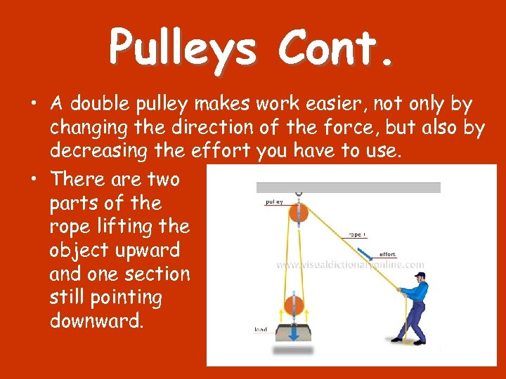 Pulleys Cont. • A double pulley makes work easier, not only by changing the