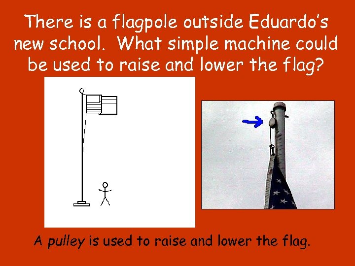 There is a flagpole outside Eduardo’s new school. What simple machine could be used