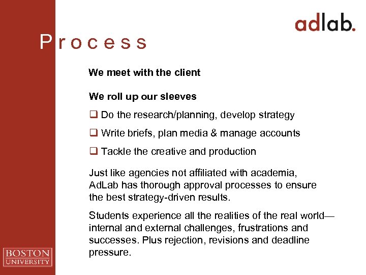 P r o c e s s We meet with the client We roll