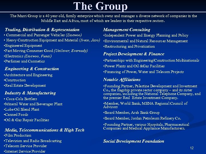 The Group The Masri Group is a 40 year-old, family enterprise which owns and