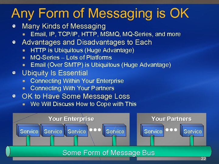 Any Form of Messaging is OK Many Kinds of Messaging Email, IP, TCP/IP, HTTP,