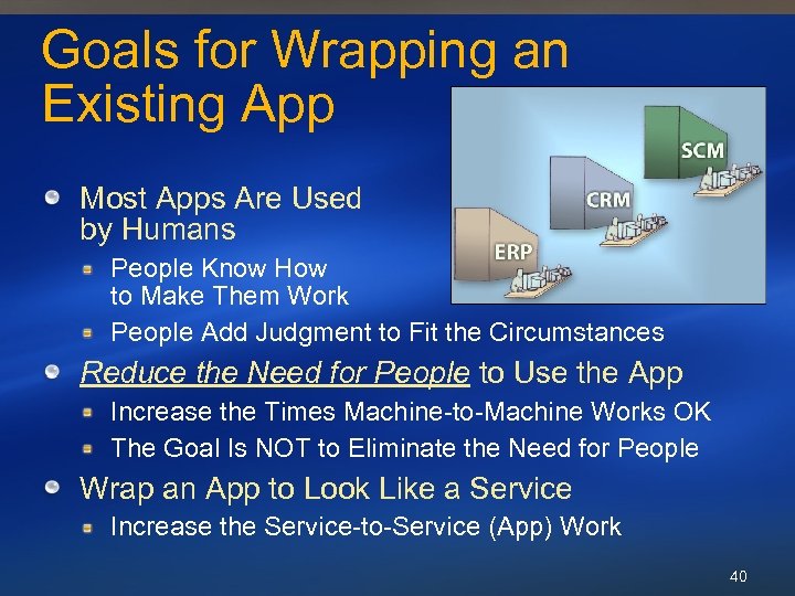 Goals for Wrapping an Existing App Most Apps Are Used by Humans People Know