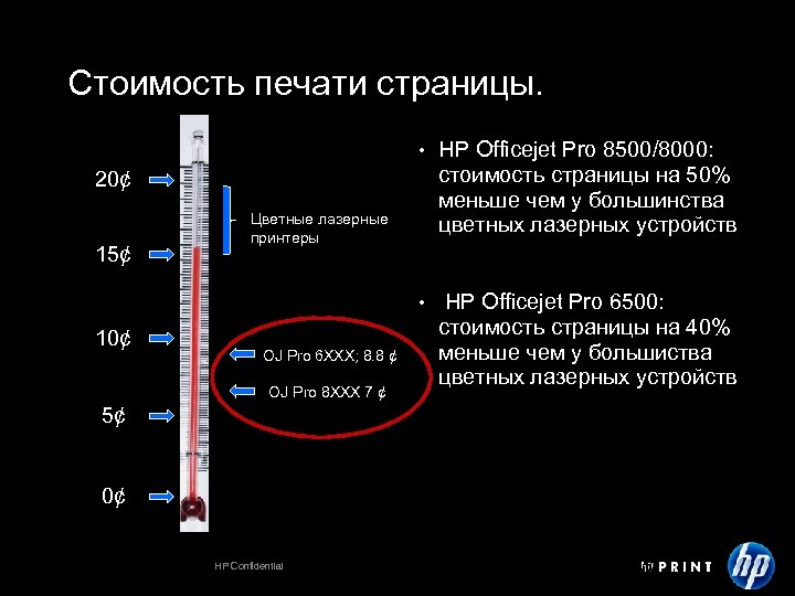 Стоимость печати страницы. • HP Officejet Pro 8500/8000: cтоимость страницы на 50% меньше чем