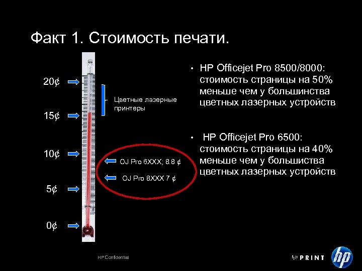 Факт 1. Стоимость печати. • HP Officejet Pro 8500/8000: cтоимость страницы на 50% меньше