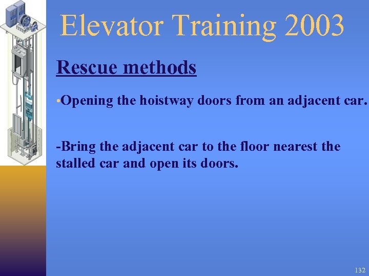 Elevator Training 2003 Rescue methods • Opening the hoistway doors from an adjacent car.