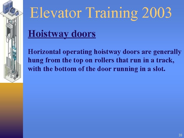 Elevator Training 2003 Hoistway doors Horizontal operating hoistway doors are generally hung from the