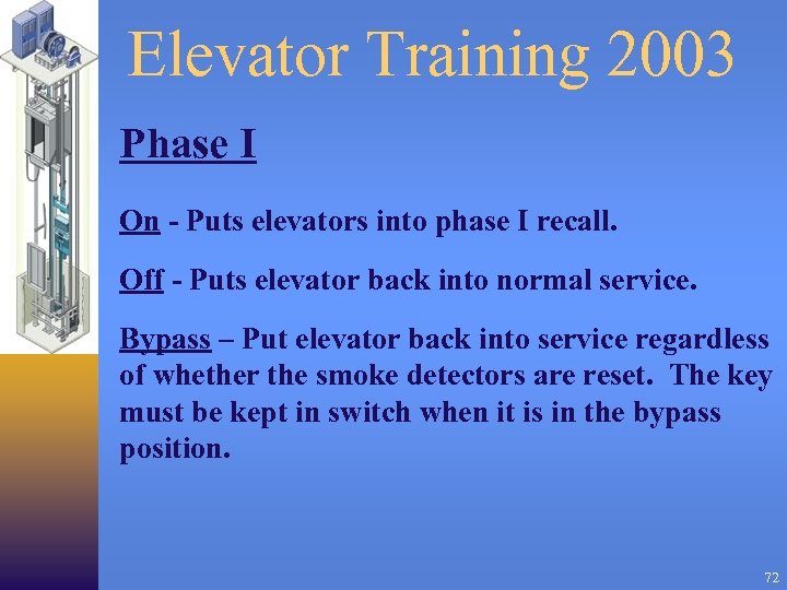 Elevator Training 2003 Phase I On - Puts elevators into phase I recall. Off