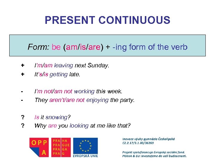 PRESENT CONTINUOUS Form: be (am/is/are) + -ing form of the verb + + I’m/am