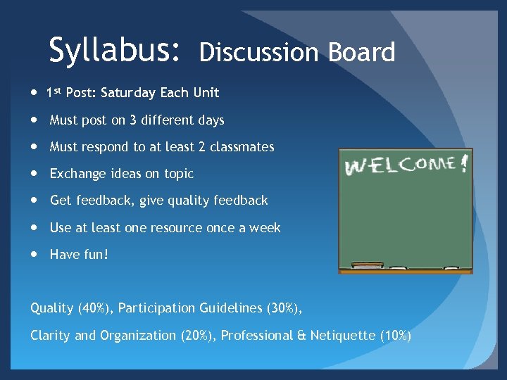 Syllabus: Discussion Board 1 st Post: Saturday Each Unit Must post on 3 different