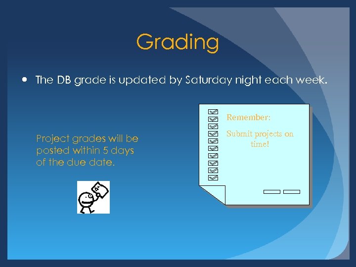 Grading The DB grade is updated by Saturday night each week. Remember: Project grades