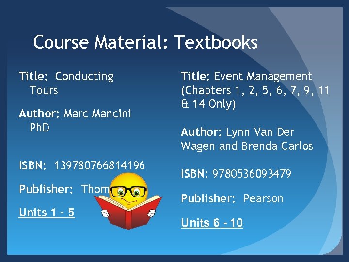 Course Material: Textbooks Title: Conducting Tours Author: Marc Mancini Ph. D ISBN: 139780766814196 Publisher: