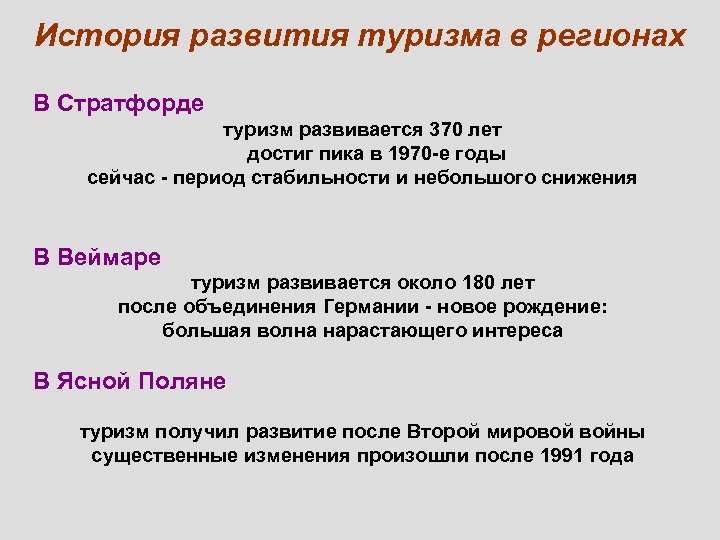 История развития туризма в регионах В Стратфорде туризм развивается 370 лет достиг пика в