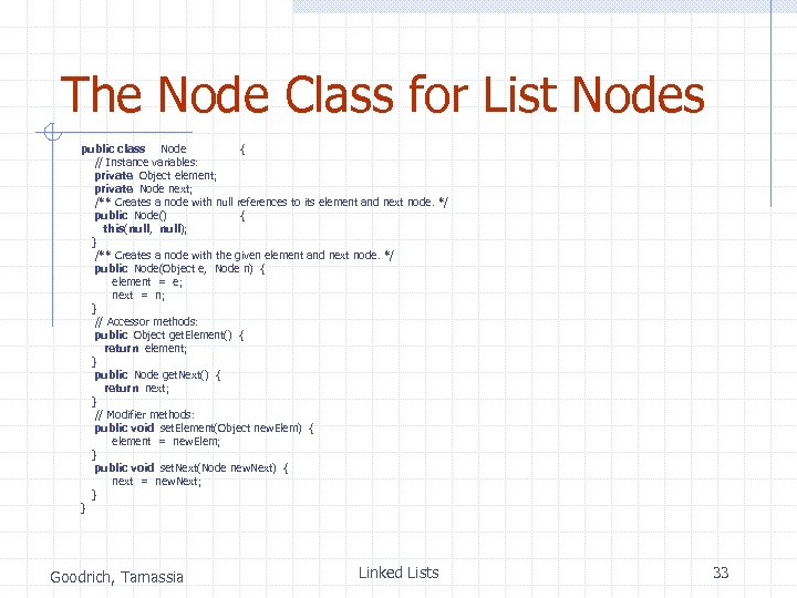 The Node Class for List Nodes public class Node { // Instance variables: private