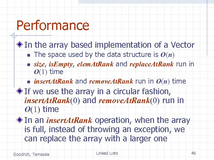 Performance In the array based implementation of a Vector n n n The space