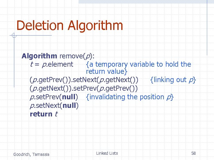 Deletion Algorithm remove(p): t = p. element {a temporary variable to hold the return