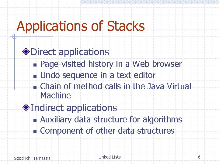 Applications of Stacks Direct applications n n n Page-visited history in a Web browser