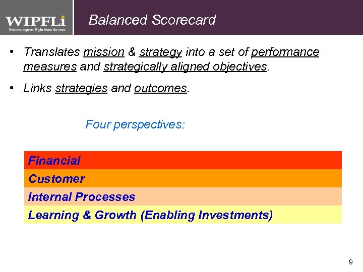 Balanced Scorecard • Translates mission & strategy into a set of performance measures and