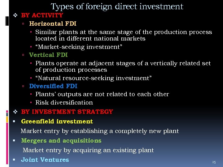 Types of foreign direct investment v BY ACTIVITY Horizontal FDI Similar plants at the