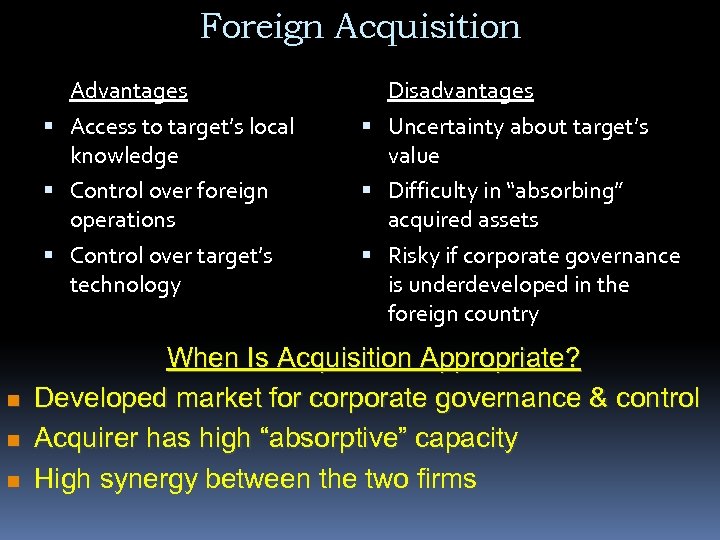 Foreign Acquisition Advantages Access to target’s local knowledge Control over foreign operations Control over