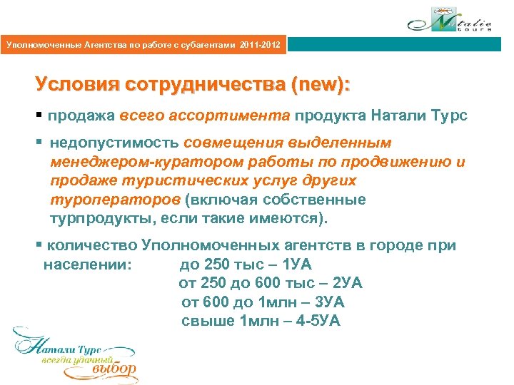 Агентская политика 2011 Уполномоченные Агентства по работе с субагентами 2011 -2012 Условия сотрудничества (new):