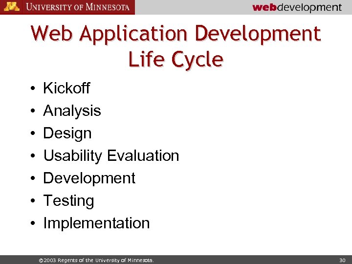 Web Application Development Life Cycle • • Kickoff Analysis Design Usability Evaluation Development Testing