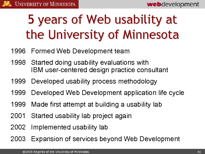 5 years of Web usability at the University of Minnesota 1996 Formed Web Development