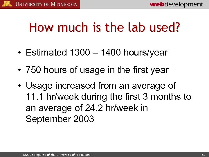 How much is the lab used? • Estimated 1300 – 1400 hours/year • 750