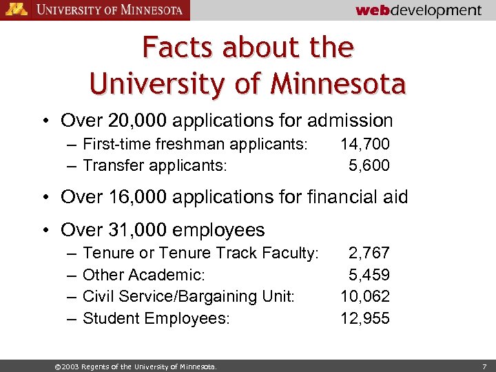 Facts about the University of Minnesota • Over 20, 000 applications for admission –