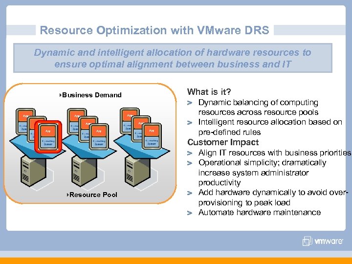Resource Optimization with VMware DRS Dynamic and intelligent allocation of hardware resources to ensure