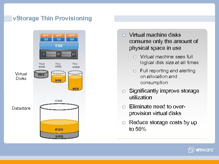 v. Storage Thin Provisioning APP OS ESX Thick 20 GB Virtual Disks Thin 40
