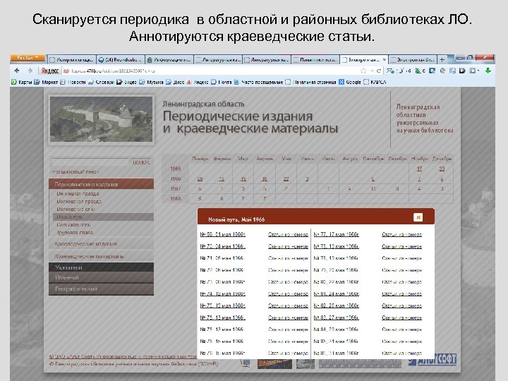 Сканируется периодика в областной и районных библиотеках ЛО. Аннотируются краеведческие статьи. 