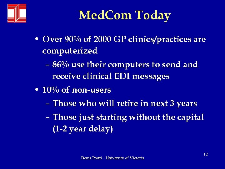 Med. Com Today • Over 90% of 2000 GP clinics/practices are computerized – 86%
