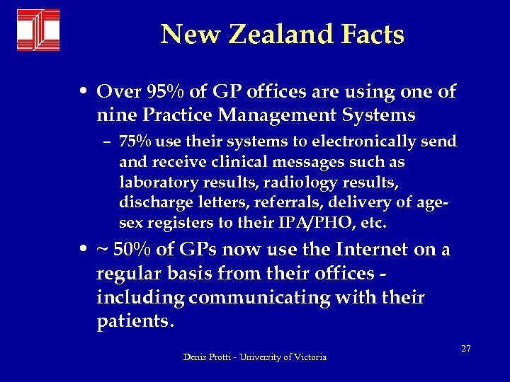 New Zealand Facts • Over 95% of GP offices are using one of nine