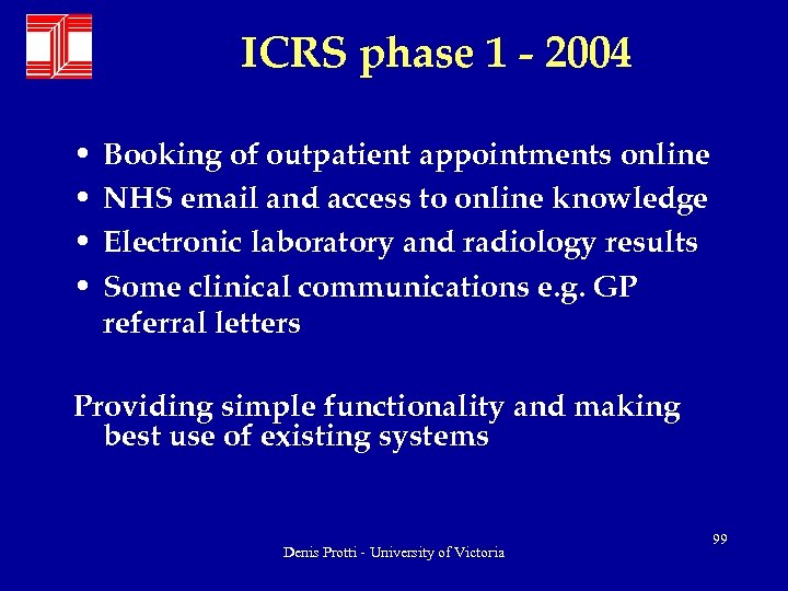 ICRS phase 1 - 2004 • • Booking of outpatient appointments online NHS email