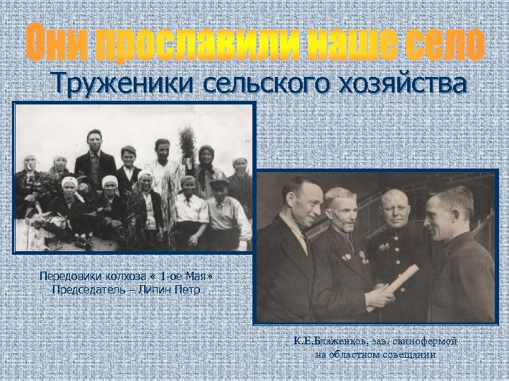 Труженики сельского хозяйства Передовики колхоза « 1 -ое Мая» Председатель – Липин Петр К.