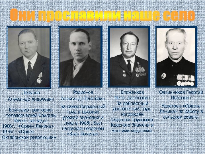 Дерунов Александр Андреевич Бригадир тракторнополеводческой бригады Имеет награды: 1966 г. - «Орден Ленина» 1976
