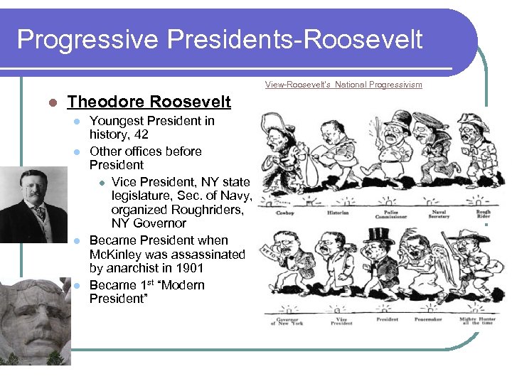 Progressive Presidents-Roosevelt View-Roosevelt’s National Progressivism l Theodore Roosevelt l l Youngest President in history,