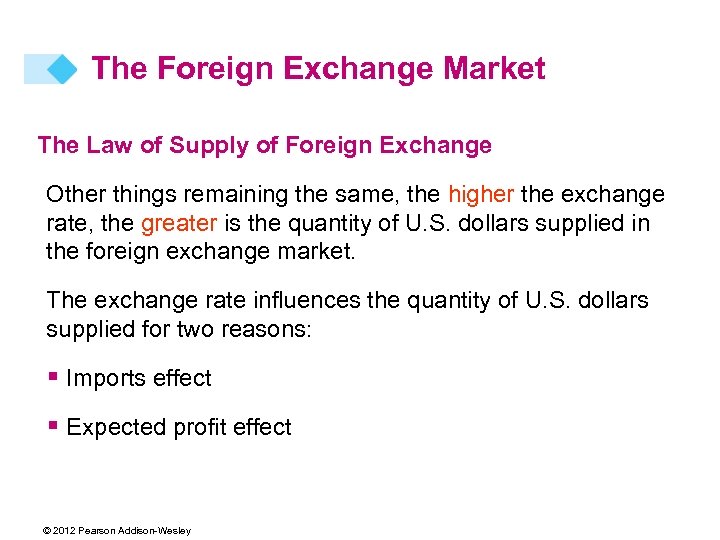 The Foreign Exchange Market The Law of Supply of Foreign Exchange Other things remaining