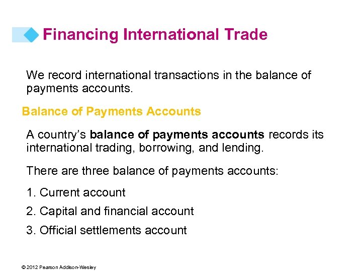 Financing International Trade We record international transactions in the balance of payments accounts. Balance